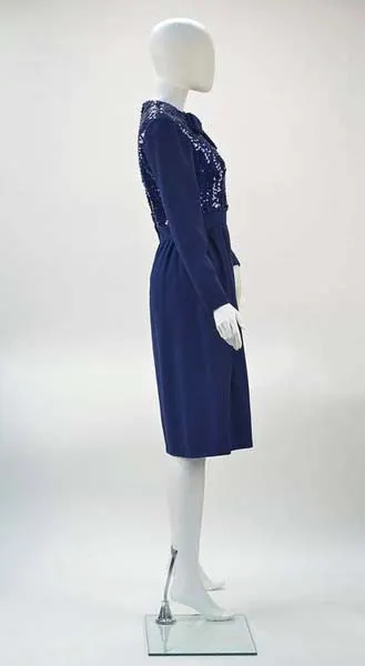 1960s Navy Wool Sequined Cocktail Dress
