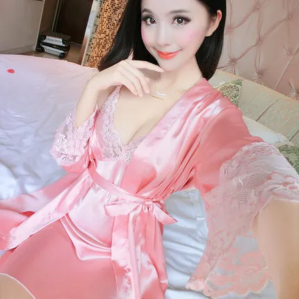 2017 Spring Summer Autumn Women Silk Nightdress  Set of Robe & Nightgown Lady Sexy  Dress Female Twinset of Sleepwear