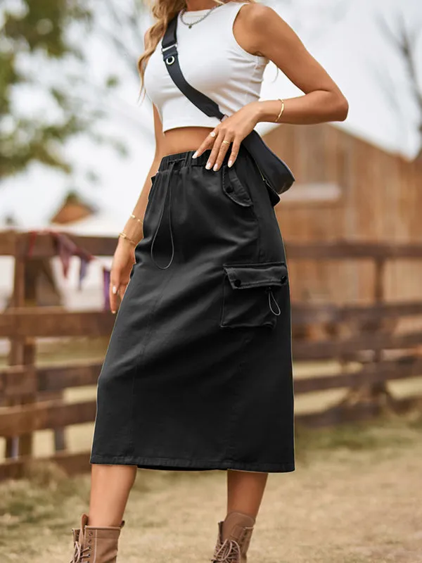 A-Line Buttoned Drawstring Pockets Solid Color Split-Joint Skirts Bottoms