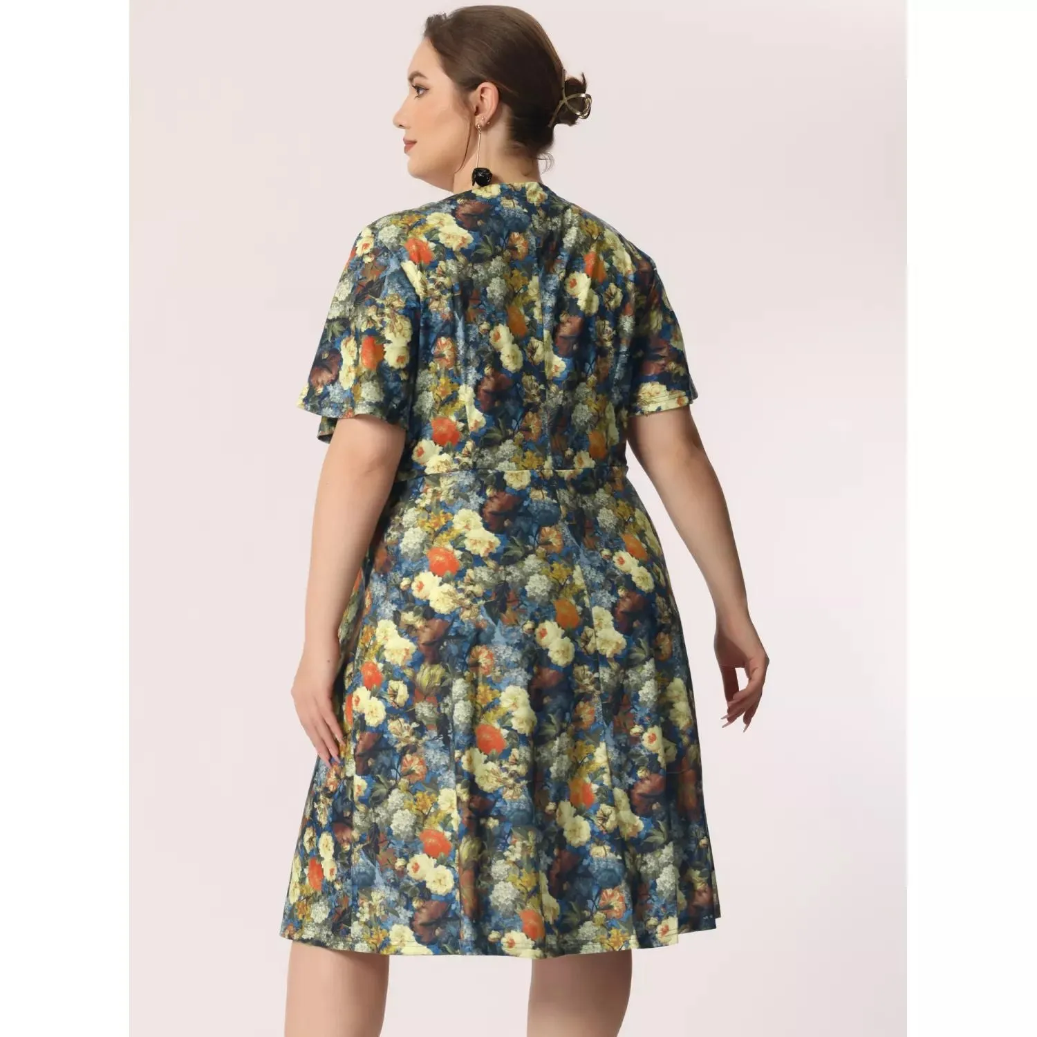 Agnes Orinda Women's Plus Size Floral Short Sleeve Flare Midi Dress ,  blue