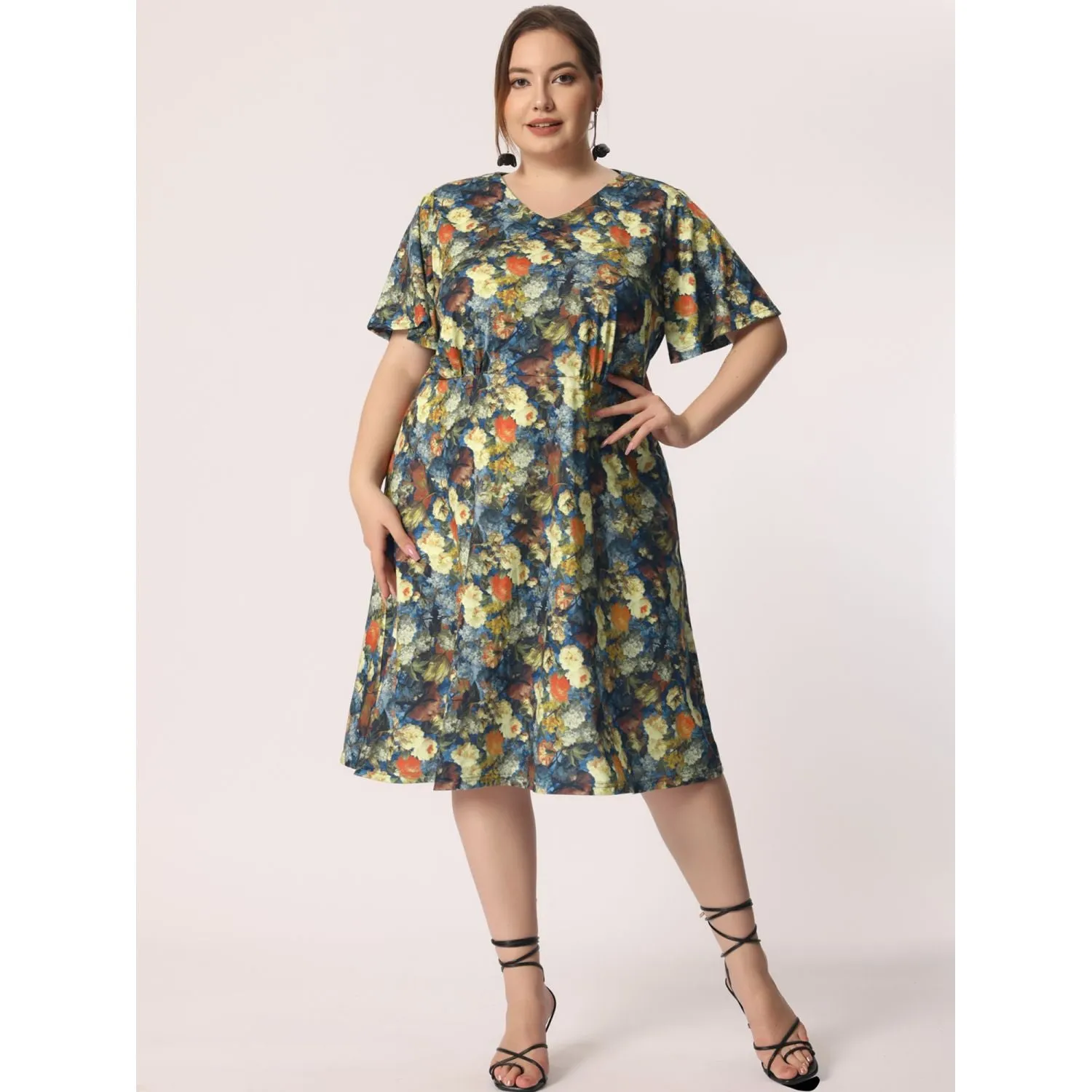 Agnes Orinda Women's Plus Size Floral Short Sleeve Flare Midi Dress ,  blue