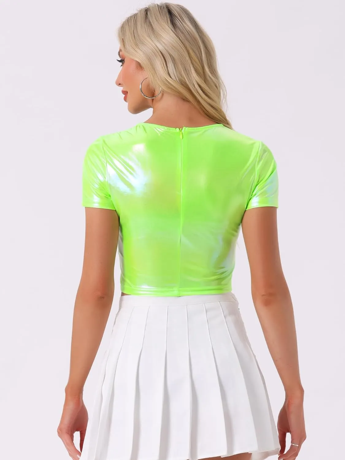 Allegra K Metallic Crop Tops for Women's Keyhole Short Sleeve Halloween Party Shiny Holographic Top