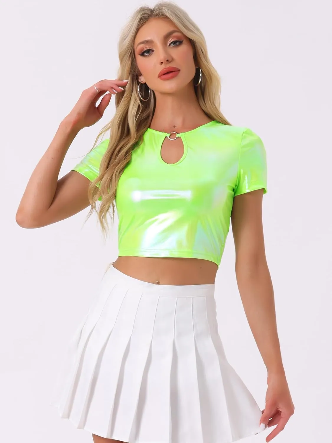 Allegra K Metallic Crop Tops for Women's Keyhole Short Sleeve Halloween Party Shiny Holographic Top