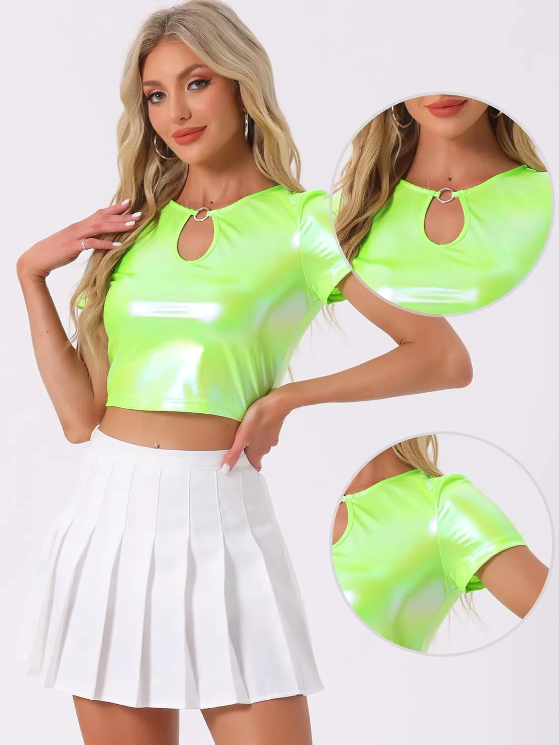 Allegra K Metallic Crop Tops for Women's Keyhole Short Sleeve Halloween Party Shiny Holographic Top