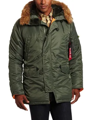 Alpha Industries Men's N-3B Slim-Fit Parka Jacket with Removable Faux-Fur Hood Trim, Sage/Orange, Small