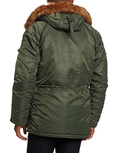 Alpha Industries Men's N-3B Slim-Fit Parka Jacket with Removable Faux-Fur Hood Trim, Sage/Orange, Small