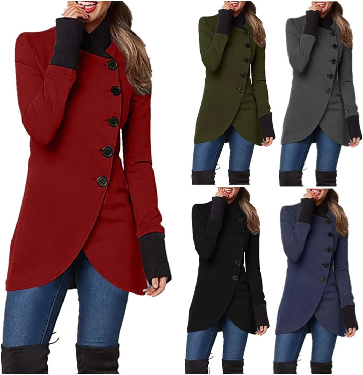 BOFETA Women's Winter Solid Color Long Sleeve Pea Coats Single Breasted Casual Irregular Hem Slim Trench Coats