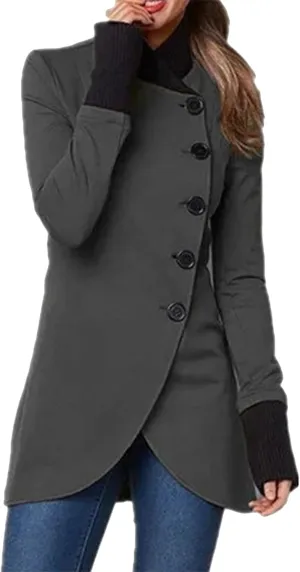 BOFETA Women's Winter Solid Color Long Sleeve Pea Coats Single Breasted Casual Irregular Hem Slim Trench Coats