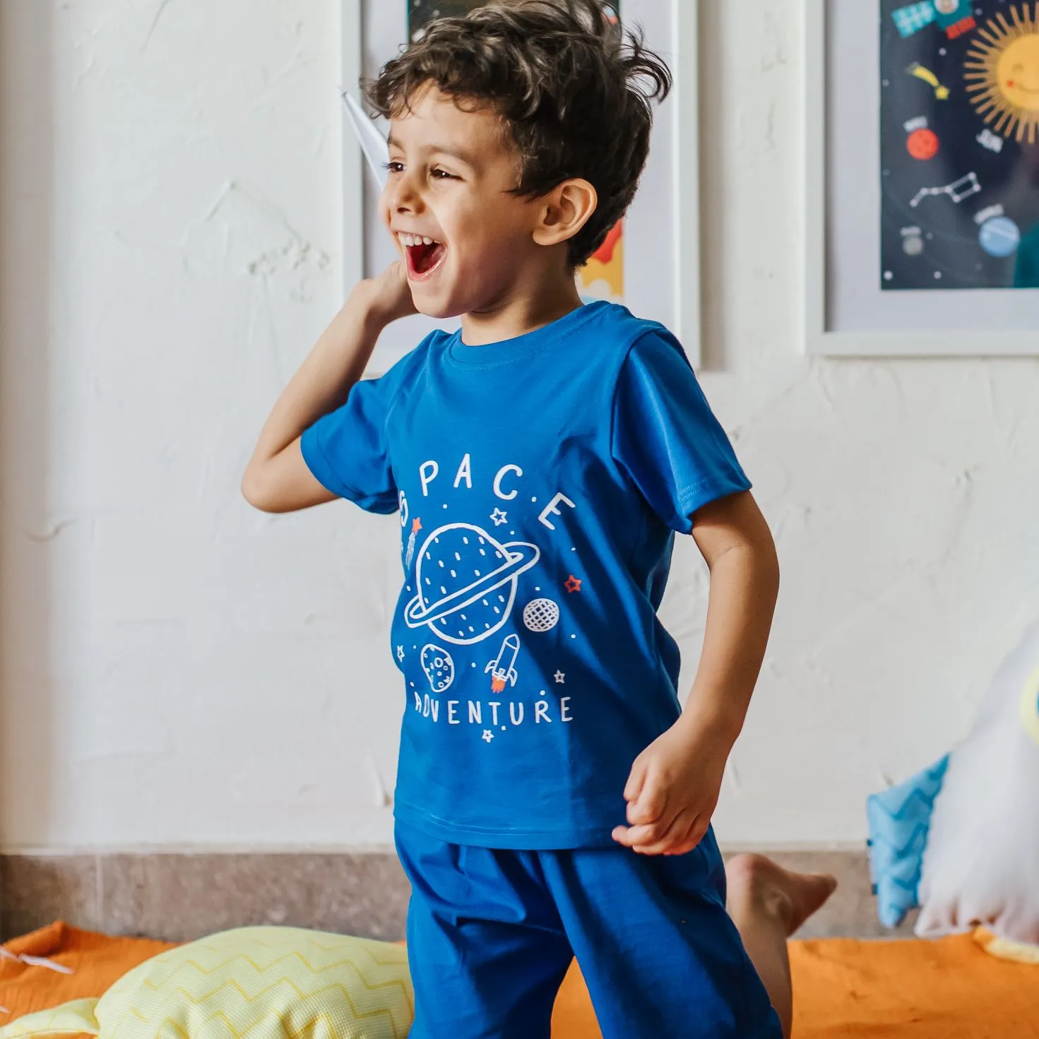 Boys summer pajama set Space t-shirt   Blue shorts