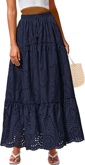 BTFBM Women's Boho Casual Skirts Summer 2025 Lace Embroidery Eyelet Elastic Waist Flowy Tiered A-Line Beach Maxi Skirt