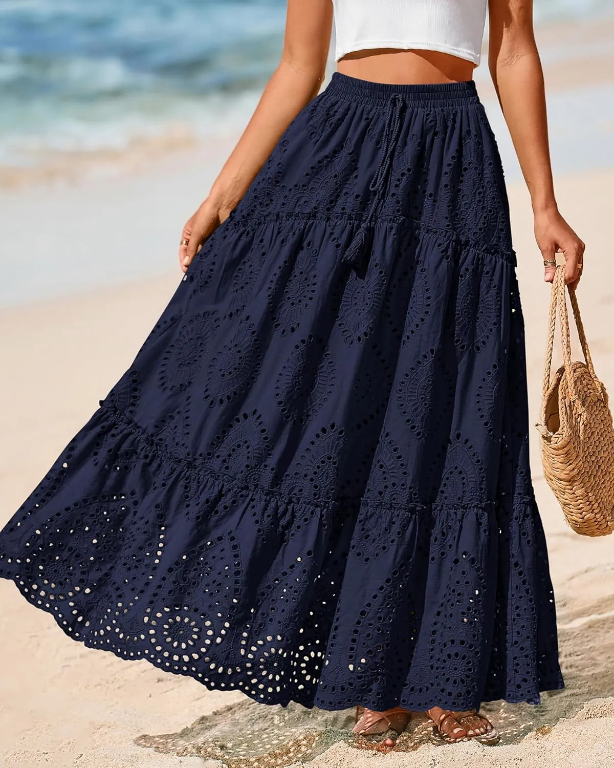 BTFBM Women's Boho Casual Skirts Summer 2025 Lace Embroidery Eyelet Elastic Waist Flowy Tiered A-Line Beach Maxi Skirt