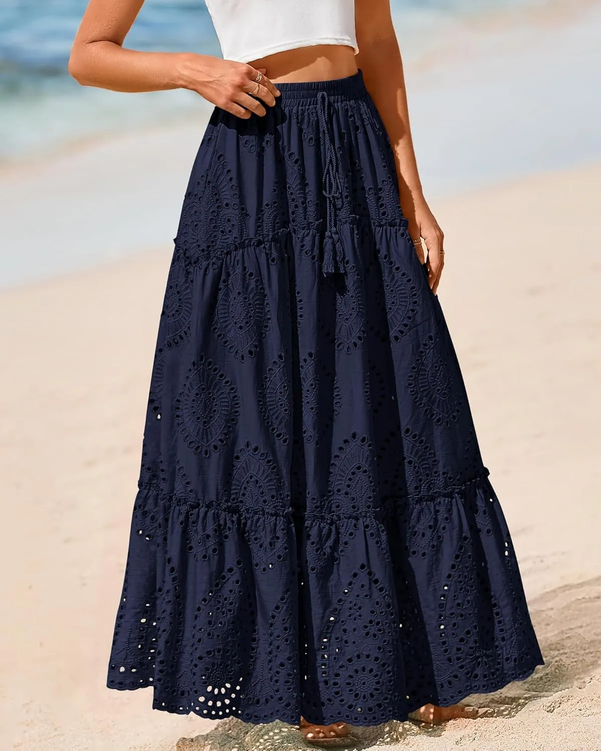 BTFBM Women's Boho Casual Skirts Summer 2025 Lace Embroidery Eyelet Elastic Waist Flowy Tiered A-Line Beach Maxi Skirt