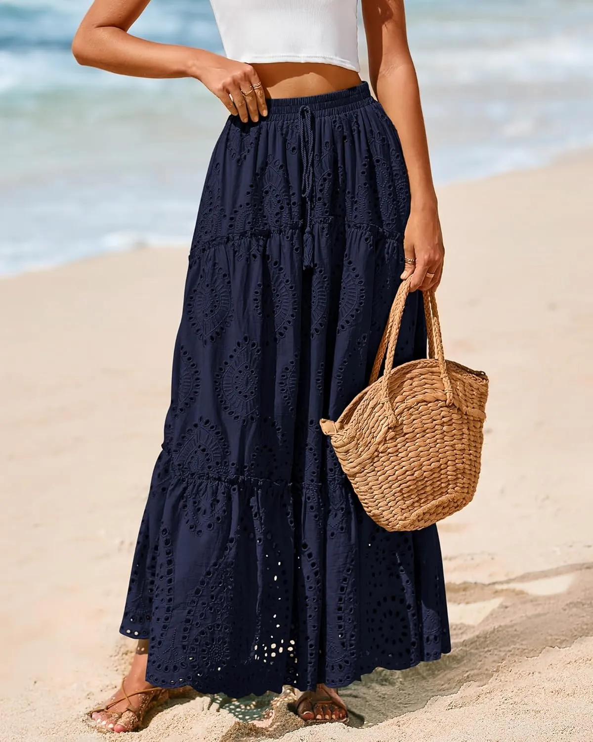 BTFBM Women's Boho Casual Skirts Summer 2025 Lace Embroidery Eyelet Elastic Waist Flowy Tiered A-Line Beach Maxi Skirt