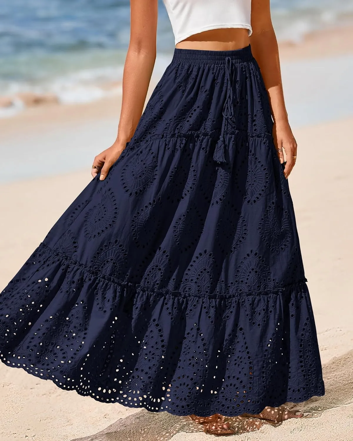 BTFBM Women's Boho Casual Skirts Summer 2025 Lace Embroidery Eyelet Elastic Waist Flowy Tiered A-Line Beach Maxi Skirt