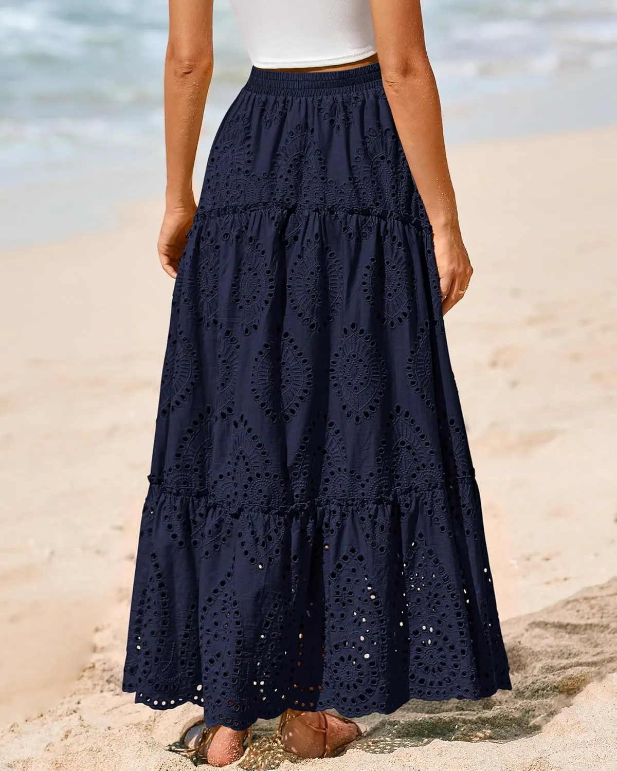 BTFBM Women's Boho Casual Skirts Summer 2025 Lace Embroidery Eyelet Elastic Waist Flowy Tiered A-Line Beach Maxi Skirt