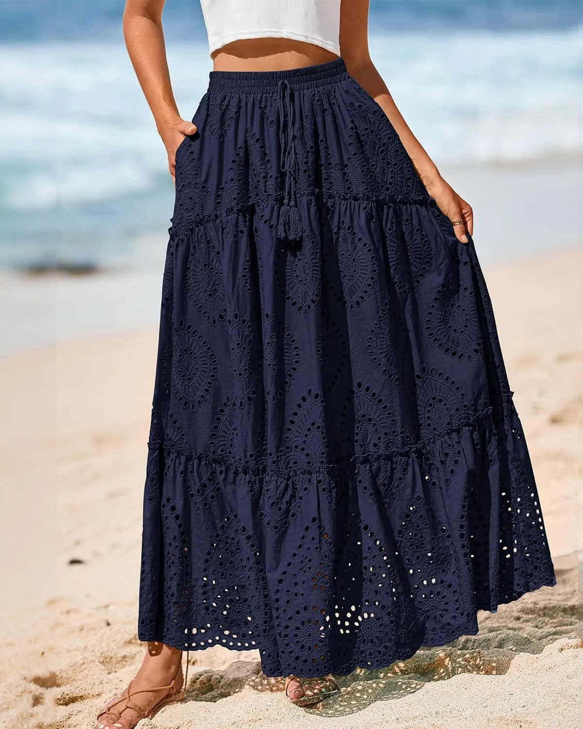 BTFBM Women's Boho Casual Skirts Summer 2025 Lace Embroidery Eyelet Elastic Waist Flowy Tiered A-Line Beach Maxi Skirt
