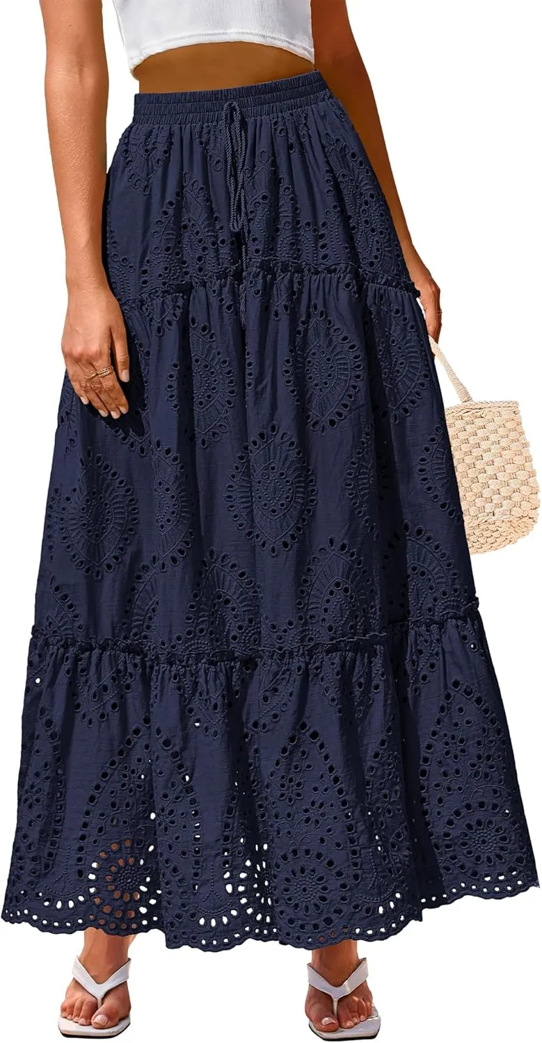 BTFBM Women's Boho Casual Skirts Summer 2025 Lace Embroidery Eyelet Elastic Waist Flowy Tiered A-Line Beach Maxi Skirt
