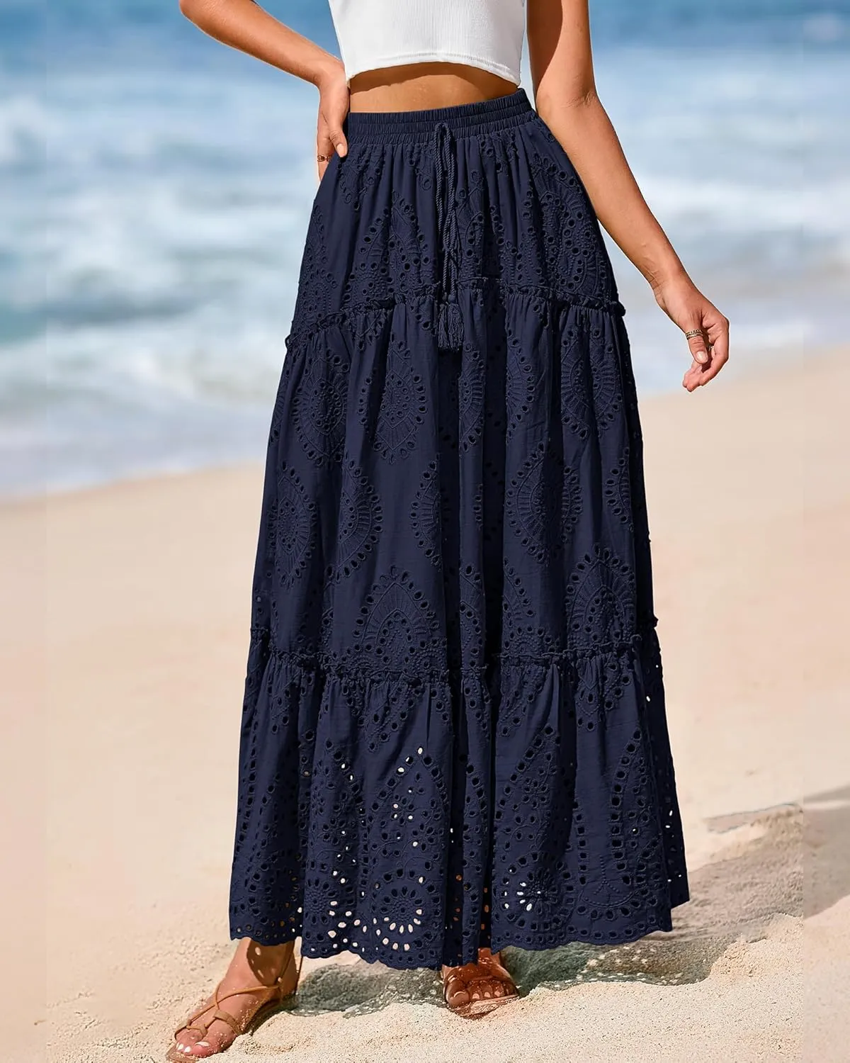BTFBM Women's Boho Casual Skirts Summer 2025 Lace Embroidery Eyelet Elastic Waist Flowy Tiered A-Line Beach Maxi Skirt