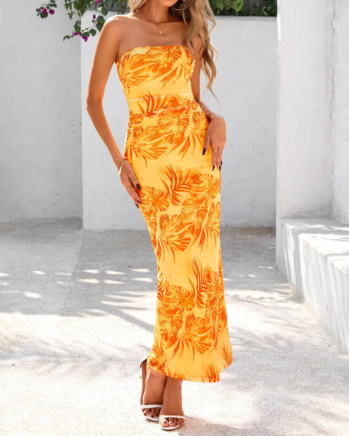 BTFBM Women's Floral Maxi Dresses Summer 2025 Strapless Tube Bodycon Mesh Layered Cocktail Party Wedding Guest Dress