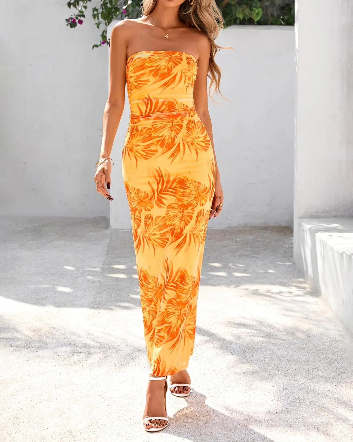 BTFBM Women's Floral Maxi Dresses Summer 2025 Strapless Tube Bodycon Mesh Layered Cocktail Party Wedding Guest Dress