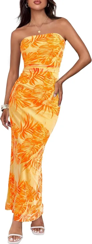 BTFBM Women's Floral Maxi Dresses Summer 2025 Strapless Tube Bodycon Mesh Layered Cocktail Party Wedding Guest Dress