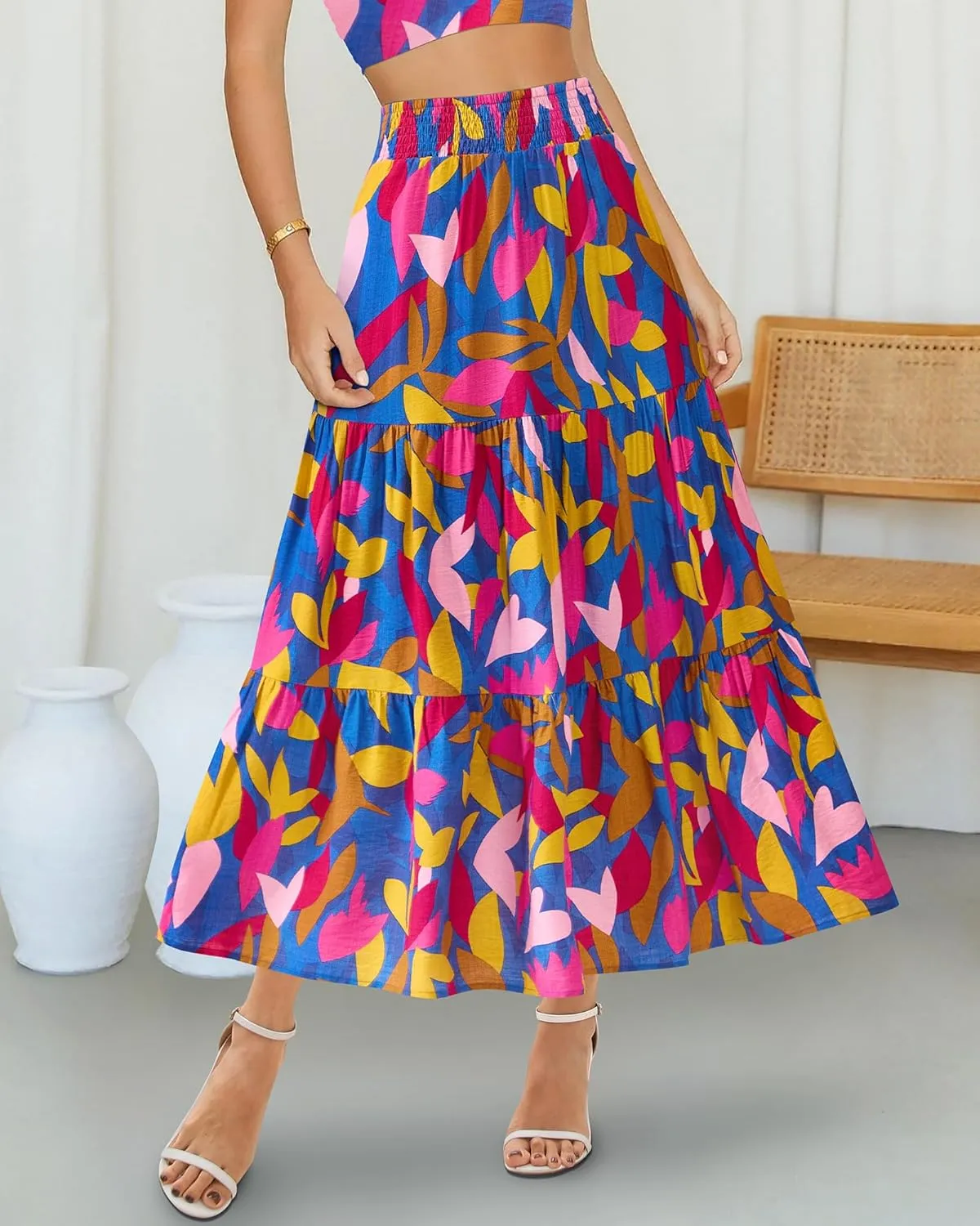BTFBM Women's Floral Print Midi Maxi Skirts 2025 Summer Casual Aline Elastic High Waist Pleated Flowy Long Skirt Pockets
