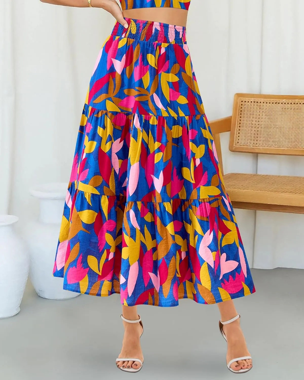 BTFBM Women's Floral Print Midi Maxi Skirts 2025 Summer Casual Aline Elastic High Waist Pleated Flowy Long Skirt Pockets