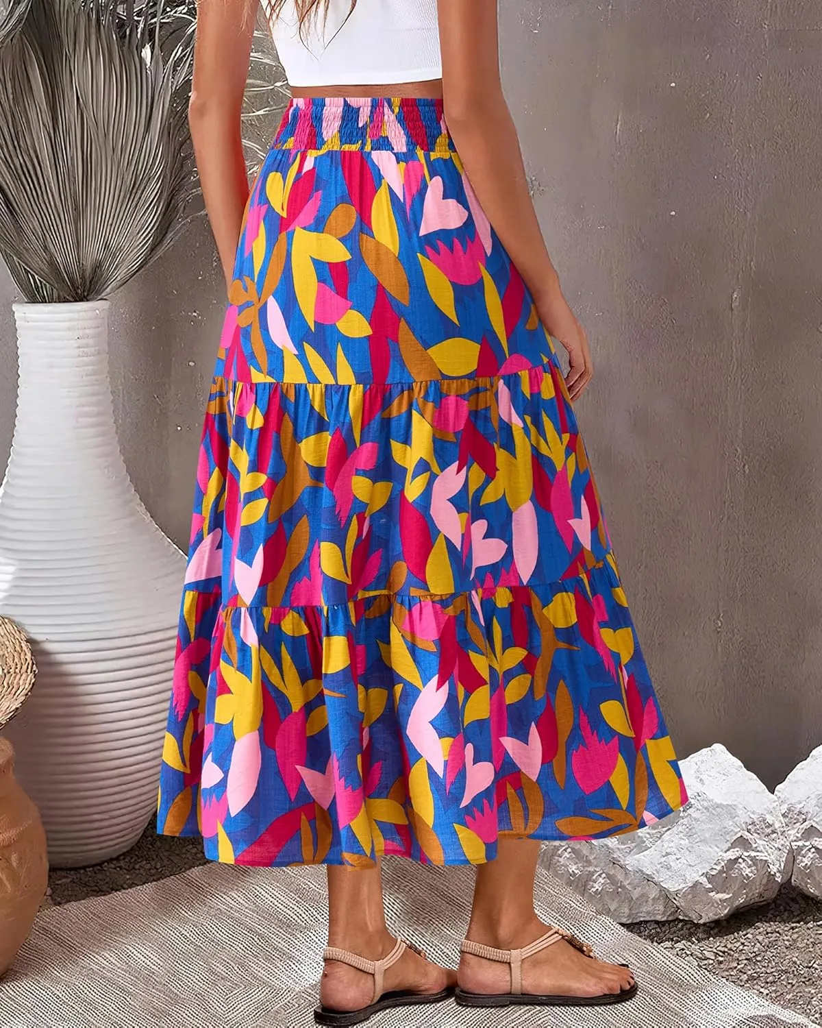 BTFBM Women's Floral Print Midi Maxi Skirts 2025 Summer Casual Aline Elastic High Waist Pleated Flowy Long Skirt Pockets