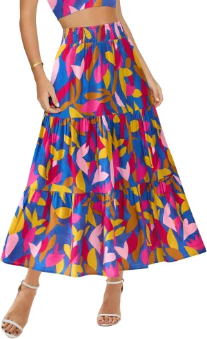 BTFBM Women's Floral Print Midi Maxi Skirts 2025 Summer Casual Aline Elastic High Waist Pleated Flowy Long Skirt Pockets