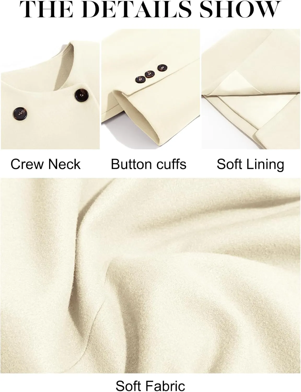 Cicy Bell Womens Wool Pea Coats Fall Oversized Collarless Blazer Jackets Double Breasted Mid Length Trench Coat
