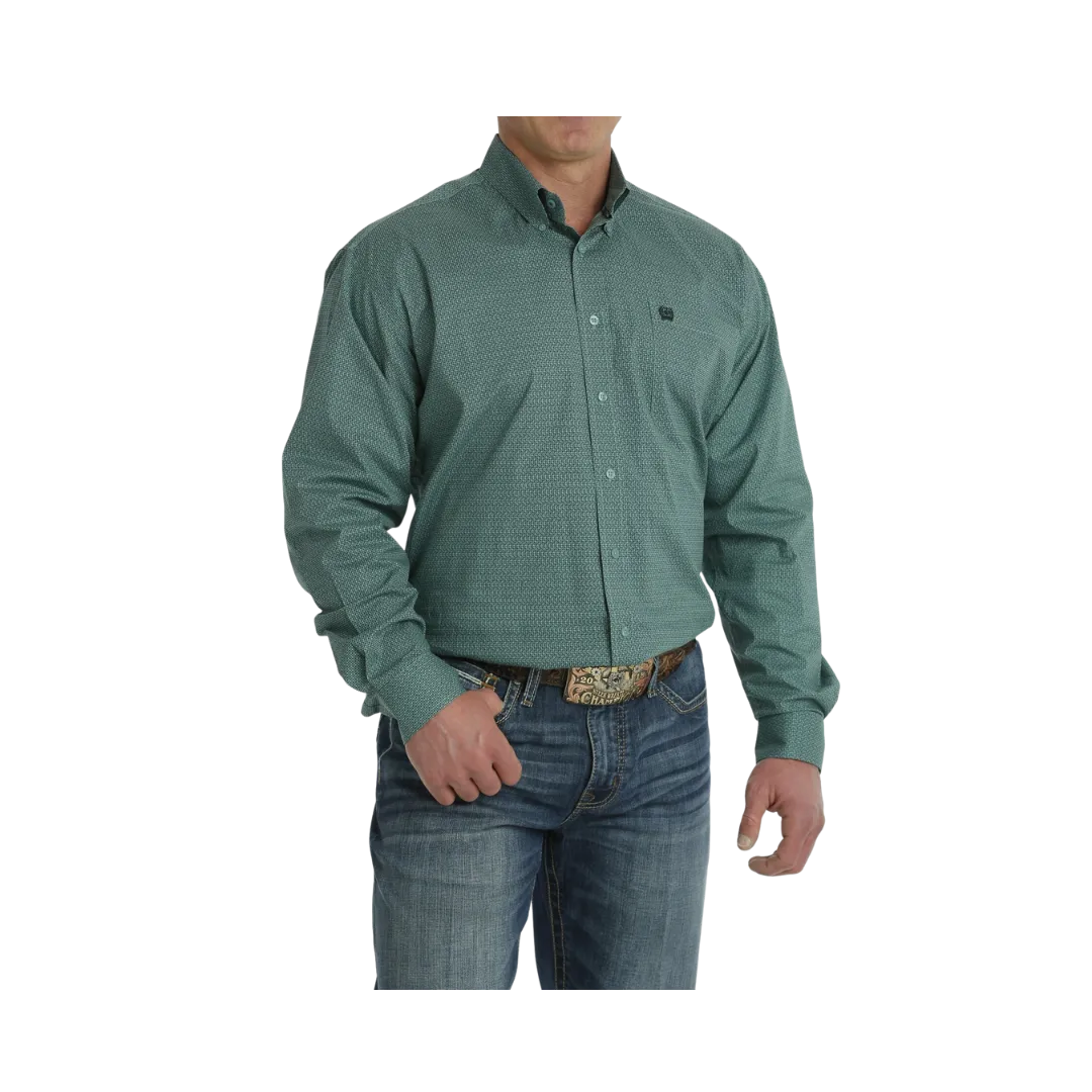 Cinch Men's Stretch Geometric Print Button Down Western Turquoise Green Shirt