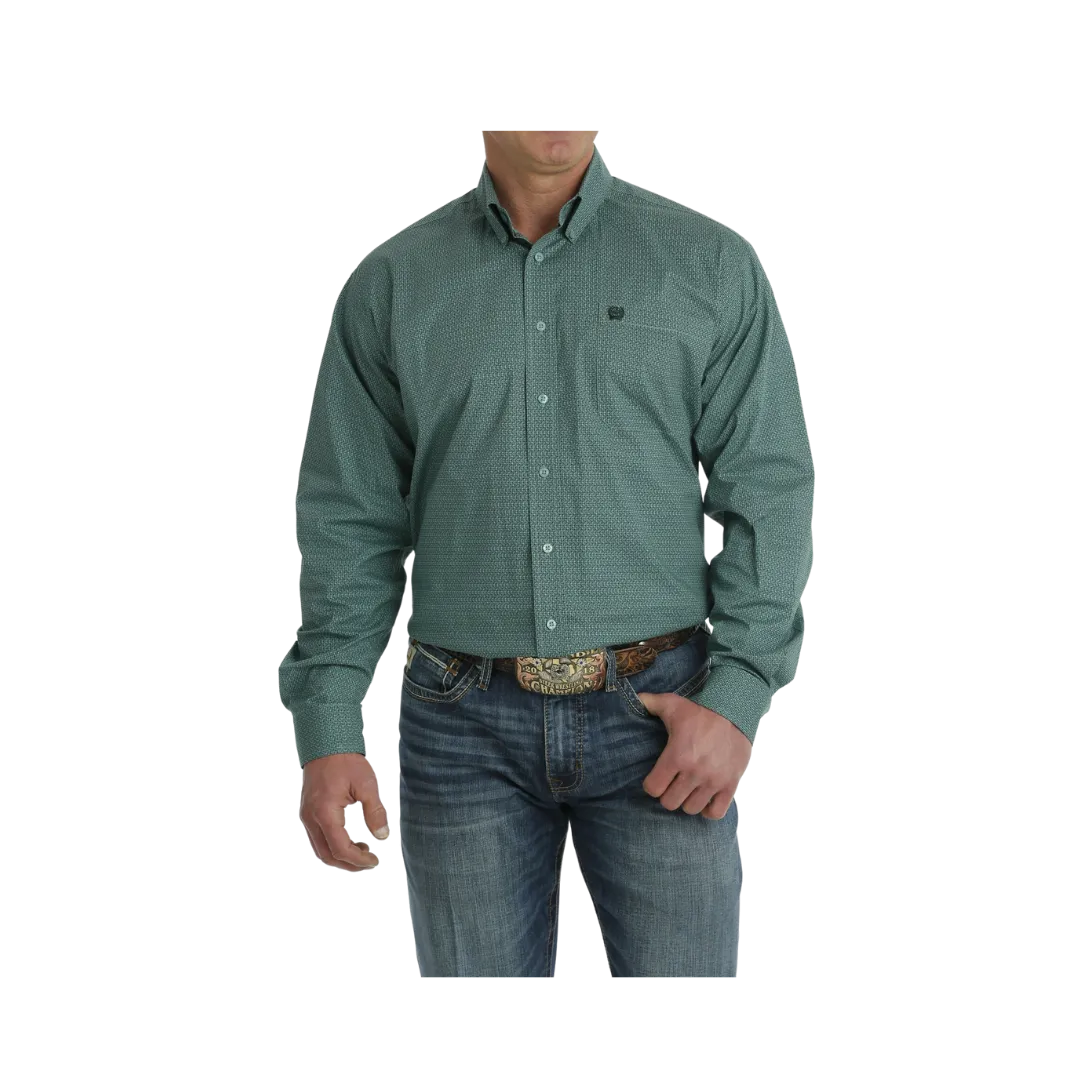 Cinch Men's Stretch Geometric Print Button Down Western Turquoise Green Shirt