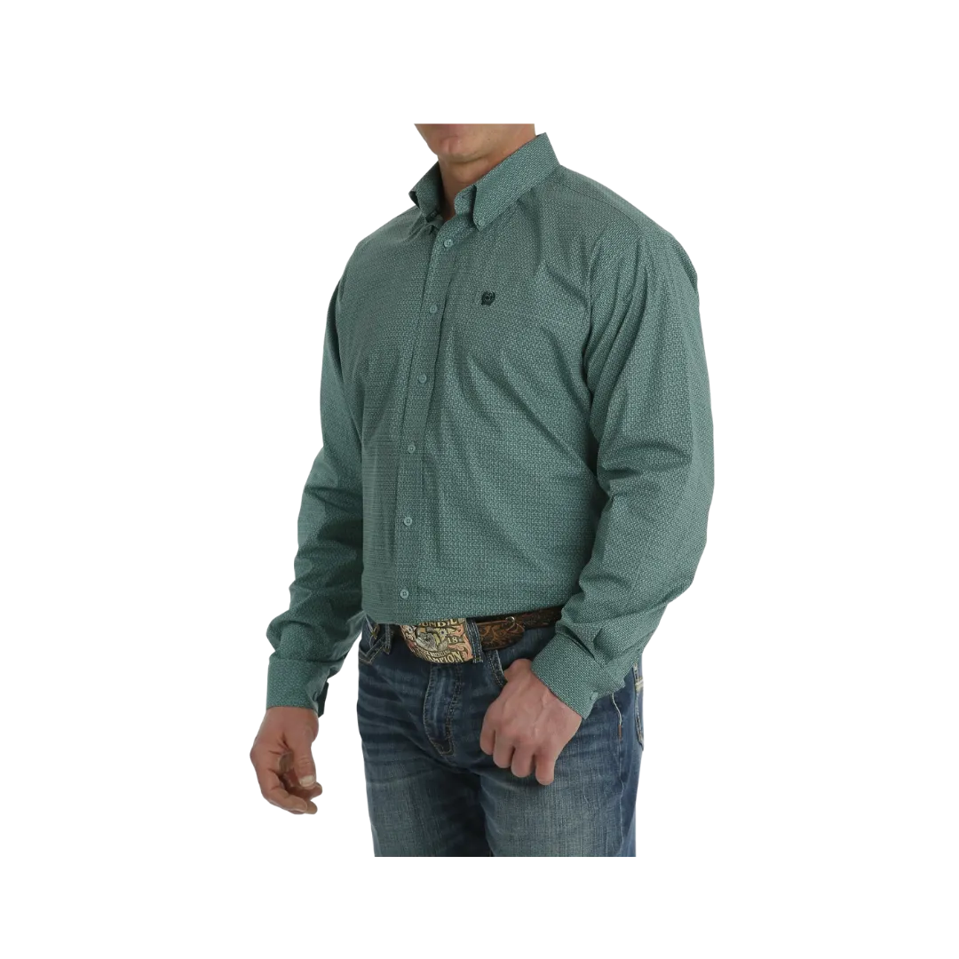 Cinch Men's Stretch Geometric Print Button Down Western Turquoise Green Shirt