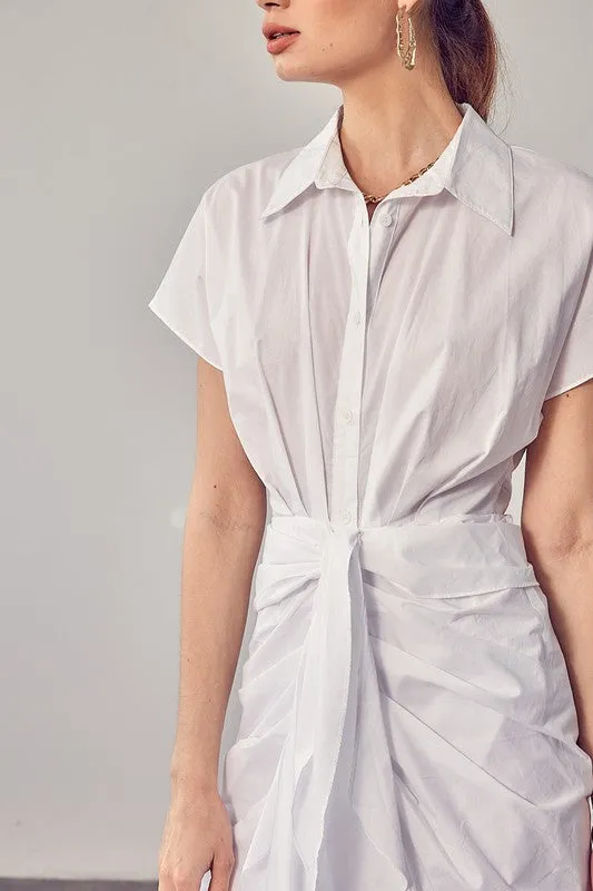 COLLAR BUTTON FRONT TIE MIDI DRESS