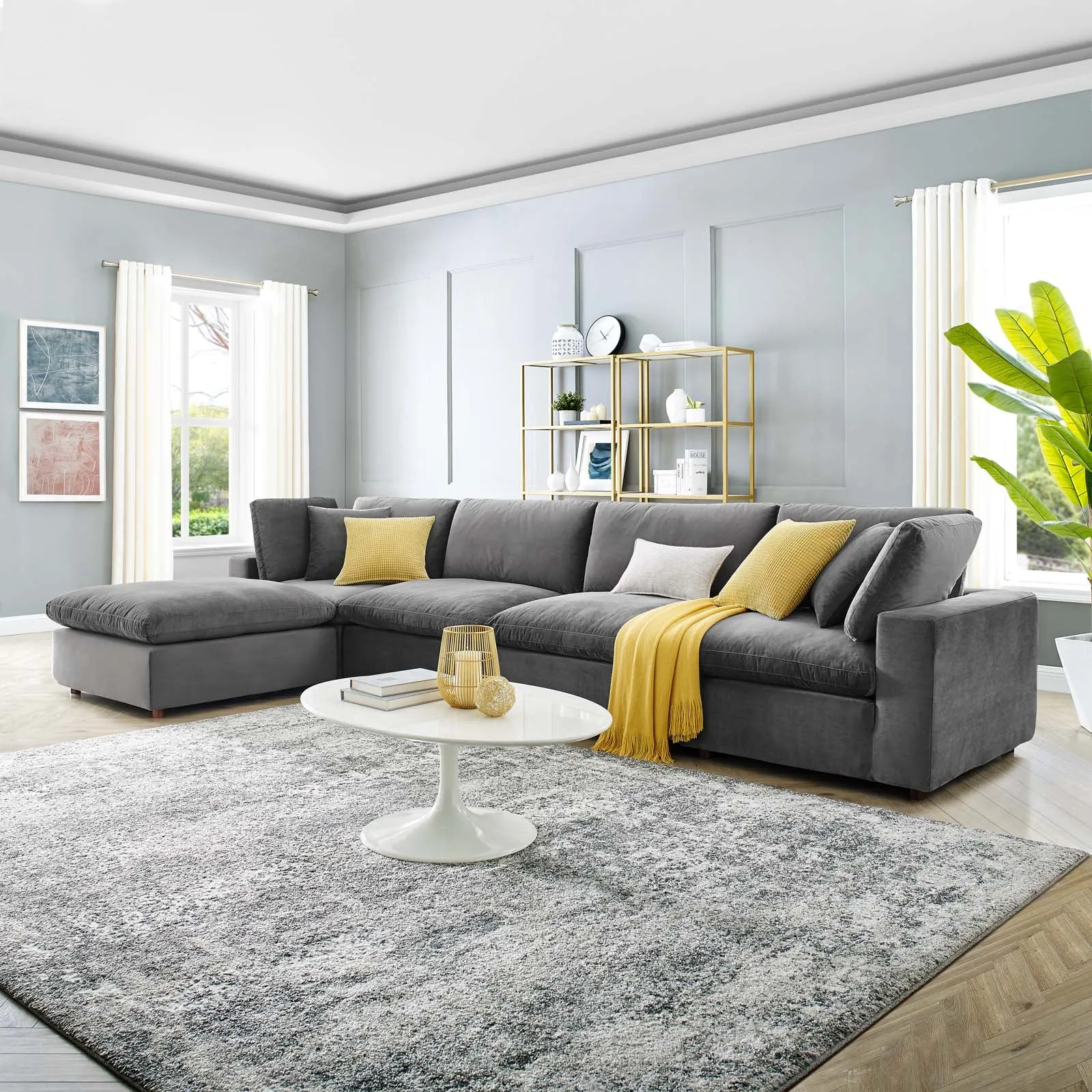 Commix Down Filled Overstuffed Performance Velvet 5-Piece Sectional Sofa