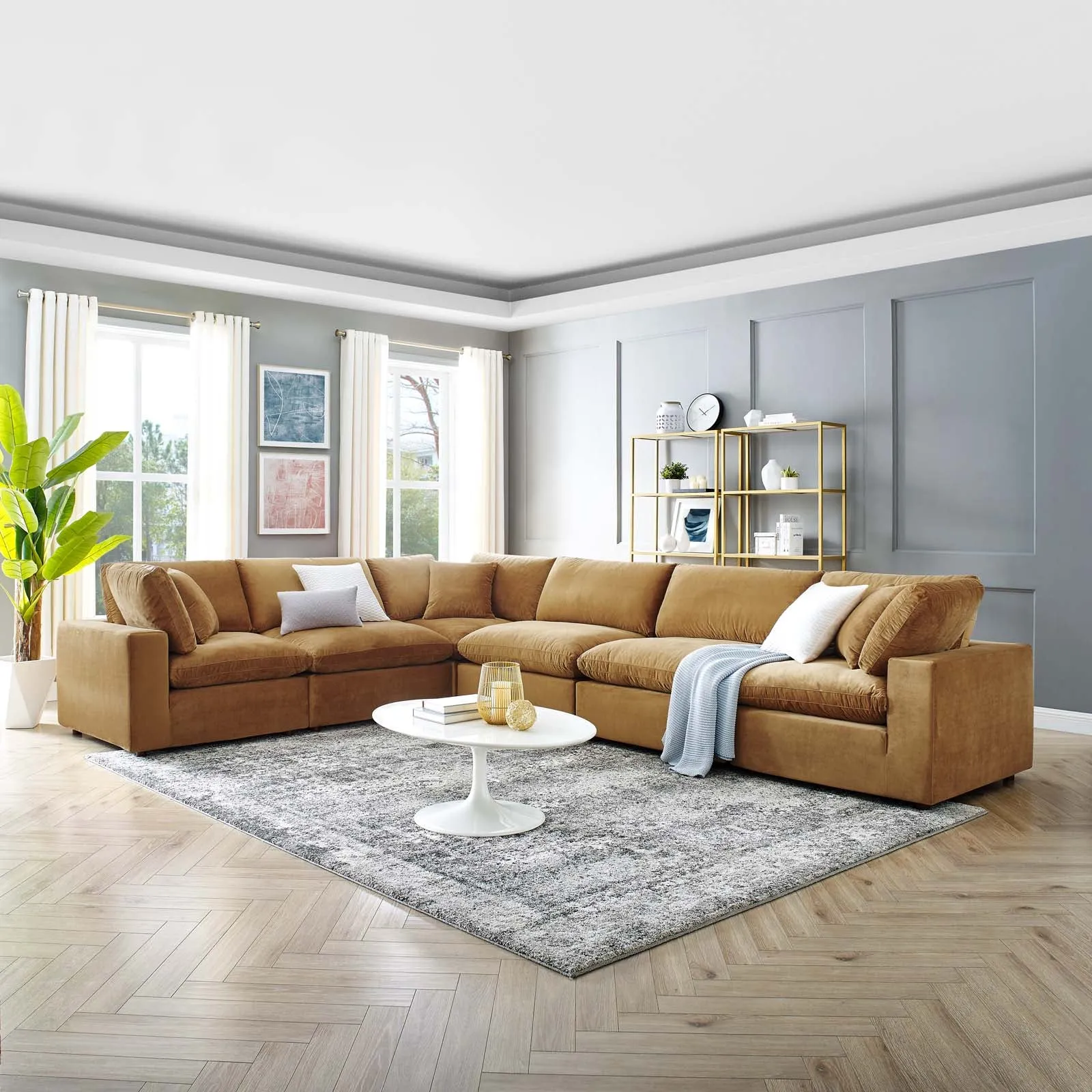 Commix  Down Filled Overstuffed Performance Velvet 6-Piece Sectional Sofa