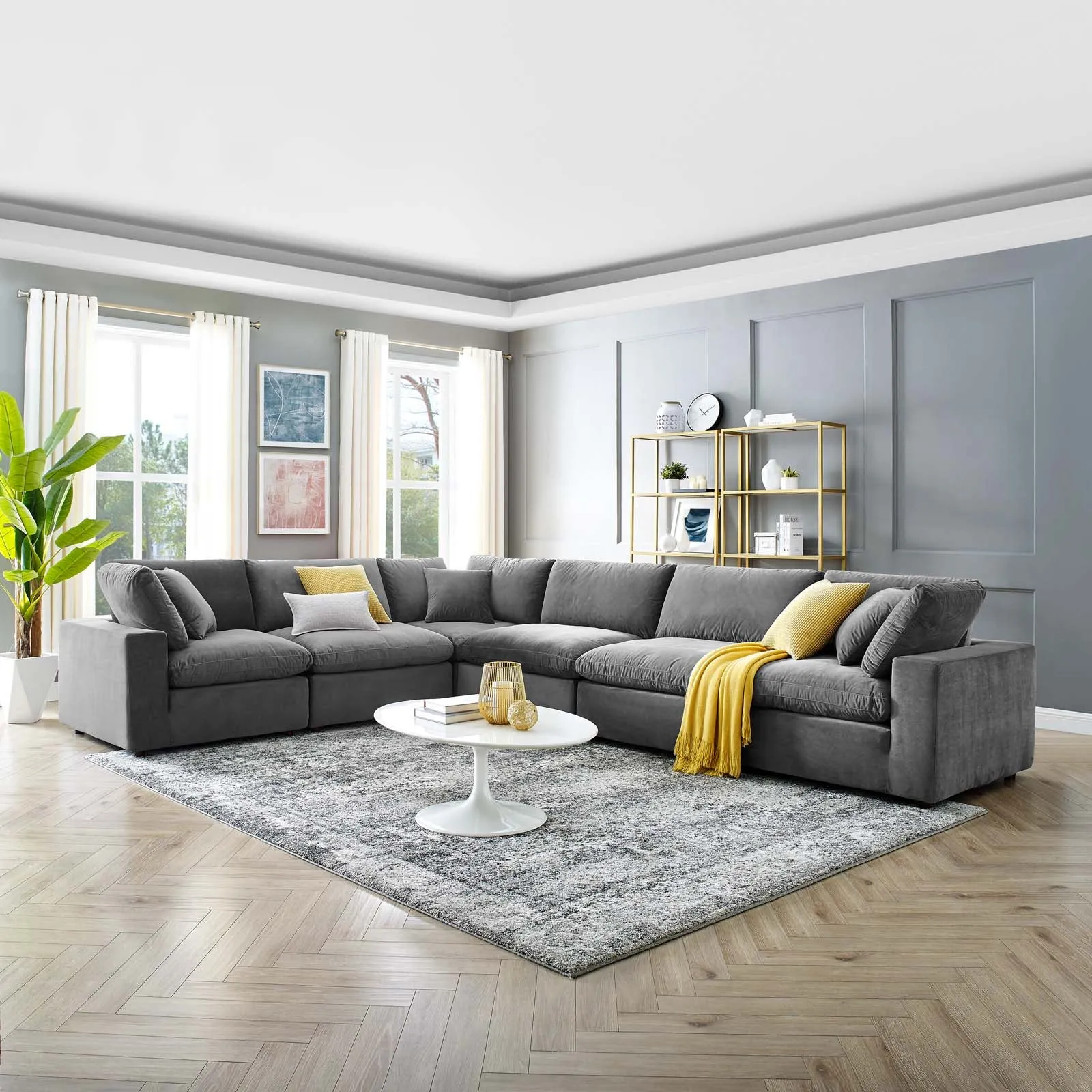 Commix  Down Filled Overstuffed Performance Velvet 6-Piece Sectional Sofa