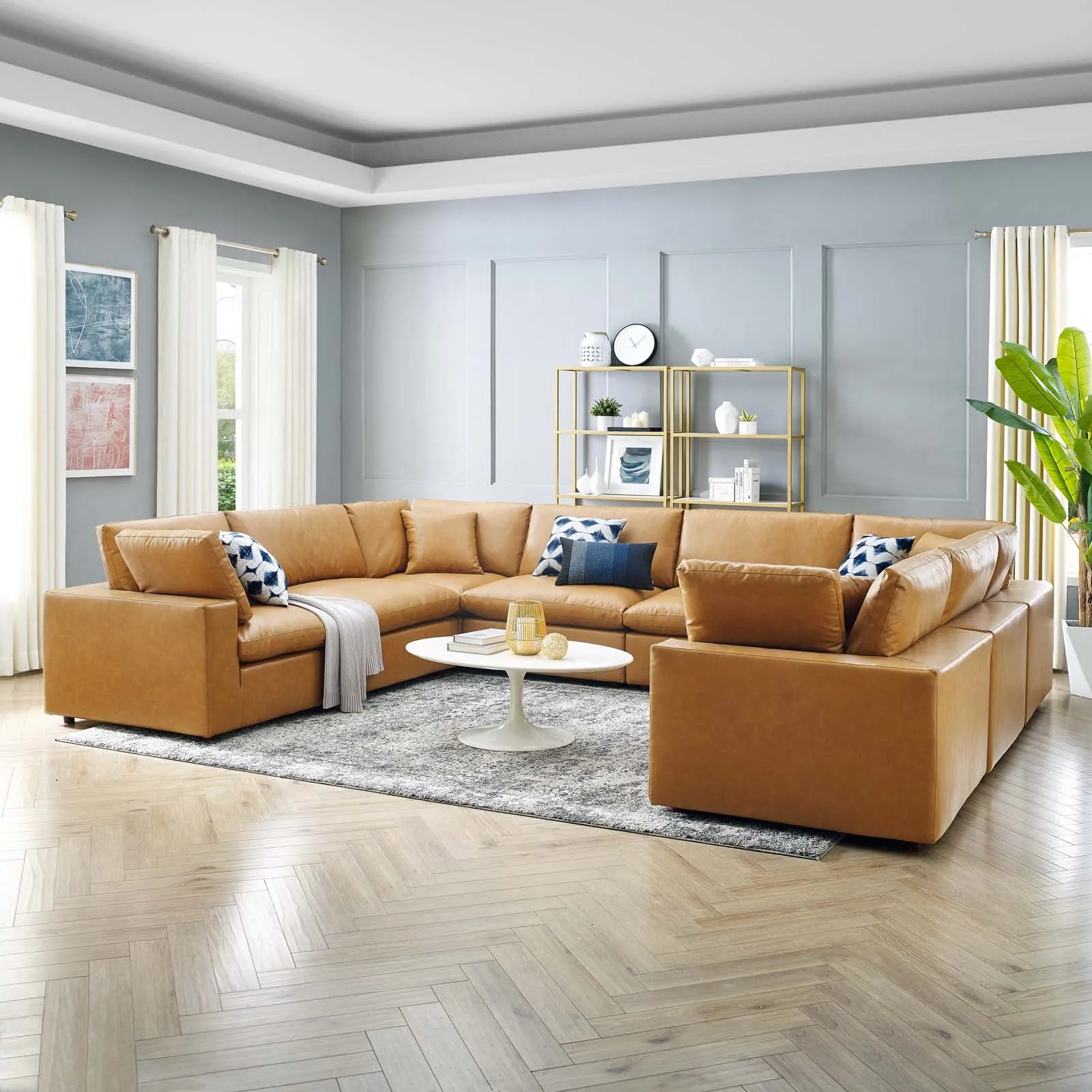 Commix Down Filled Overstuffed Vegan Leather 8-Piece Sectional Sofa Tan EEI-4923-TAN