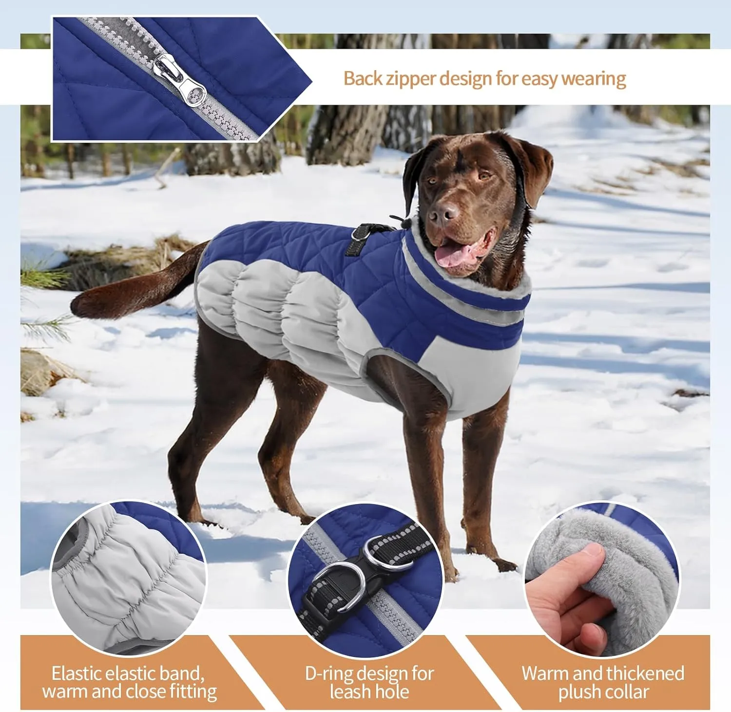 Dog Jackets for Medium Dogs,Medium Dog Coat,Warm Pet Winter Coat Zip Up Back,Waterproof Dogs Jacket with D-Ring,Pet Cold Weather Coats with Fleece Lined, Snowsuit Pug Boston Terrier,Blue,M