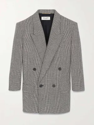 Double-breasted checked wool-blend blazer
