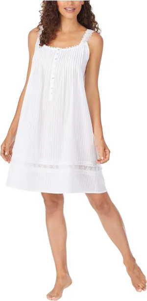 Eileen West Sleeveless Cotton Dobby Stripe Short Nightgown white