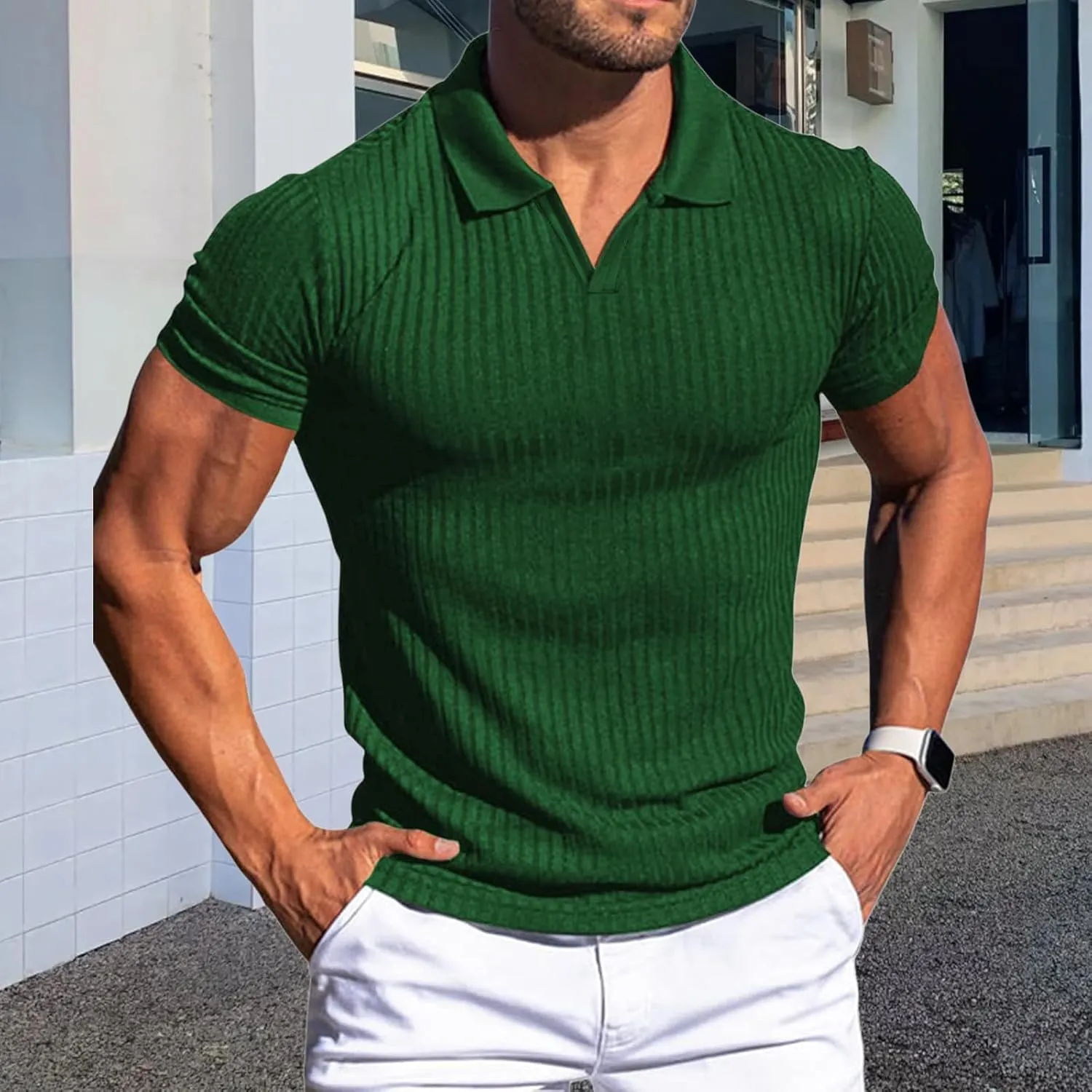evzosrz Mens Short Sleeve Polo Shirts Slim Fit V Neck Muscle Tshirts Casual Ribbed Textured Stripe Knit Quick-Dry Golf Shirts