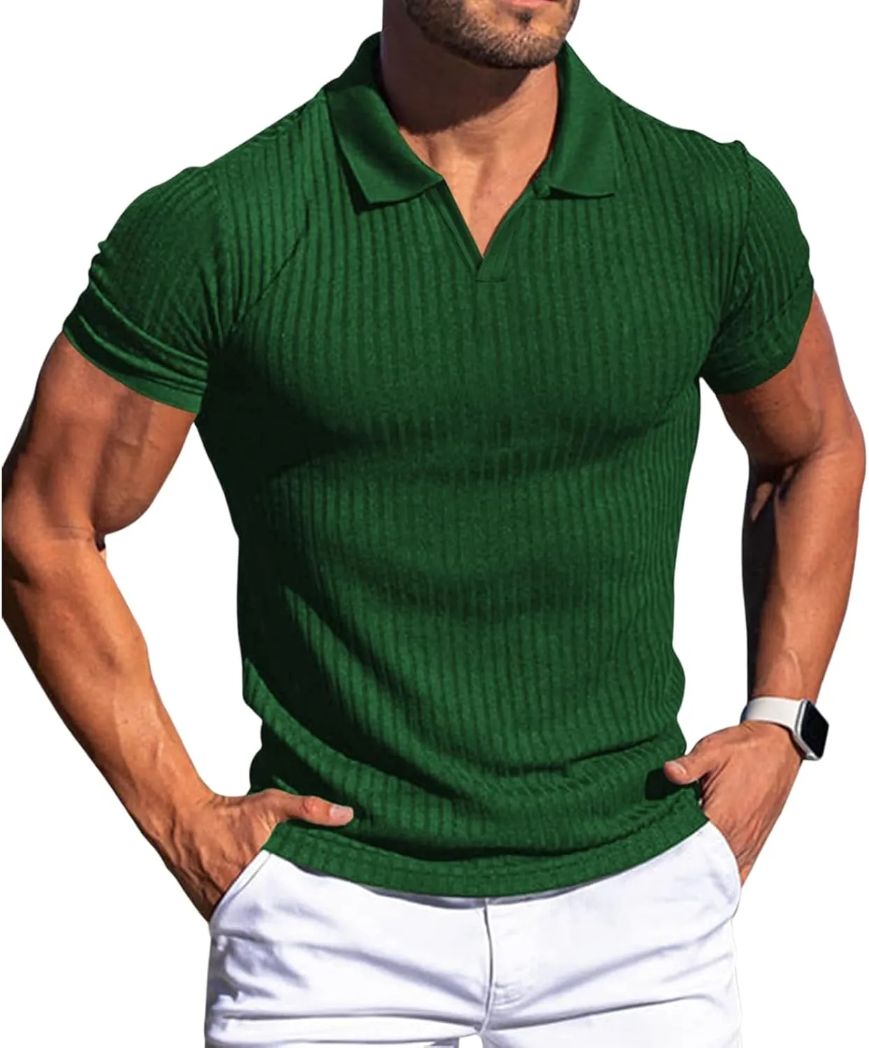 evzosrz Mens Short Sleeve Polo Shirts Slim Fit V Neck Muscle Tshirts Casual Ribbed Textured Stripe Knit Quick-Dry Golf Shirts