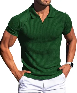 evzosrz Mens Short Sleeve Polo Shirts Slim Fit V Neck Muscle Tshirts Casual Ribbed Textured Stripe Knit Quick-Dry Golf Shirts