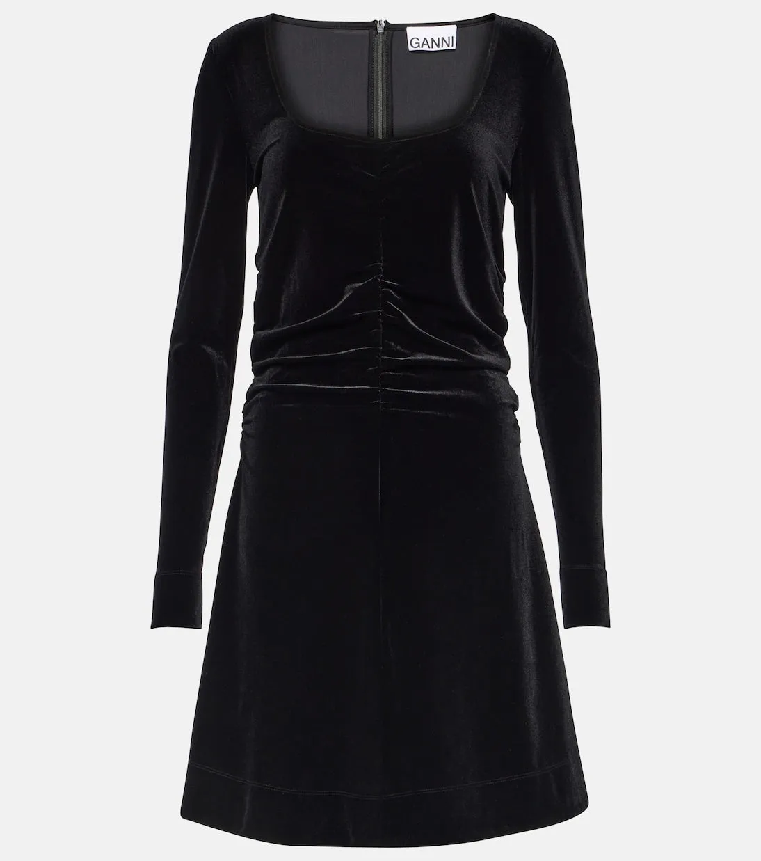 Ganni Velvet Ruched Mini Dress, Black