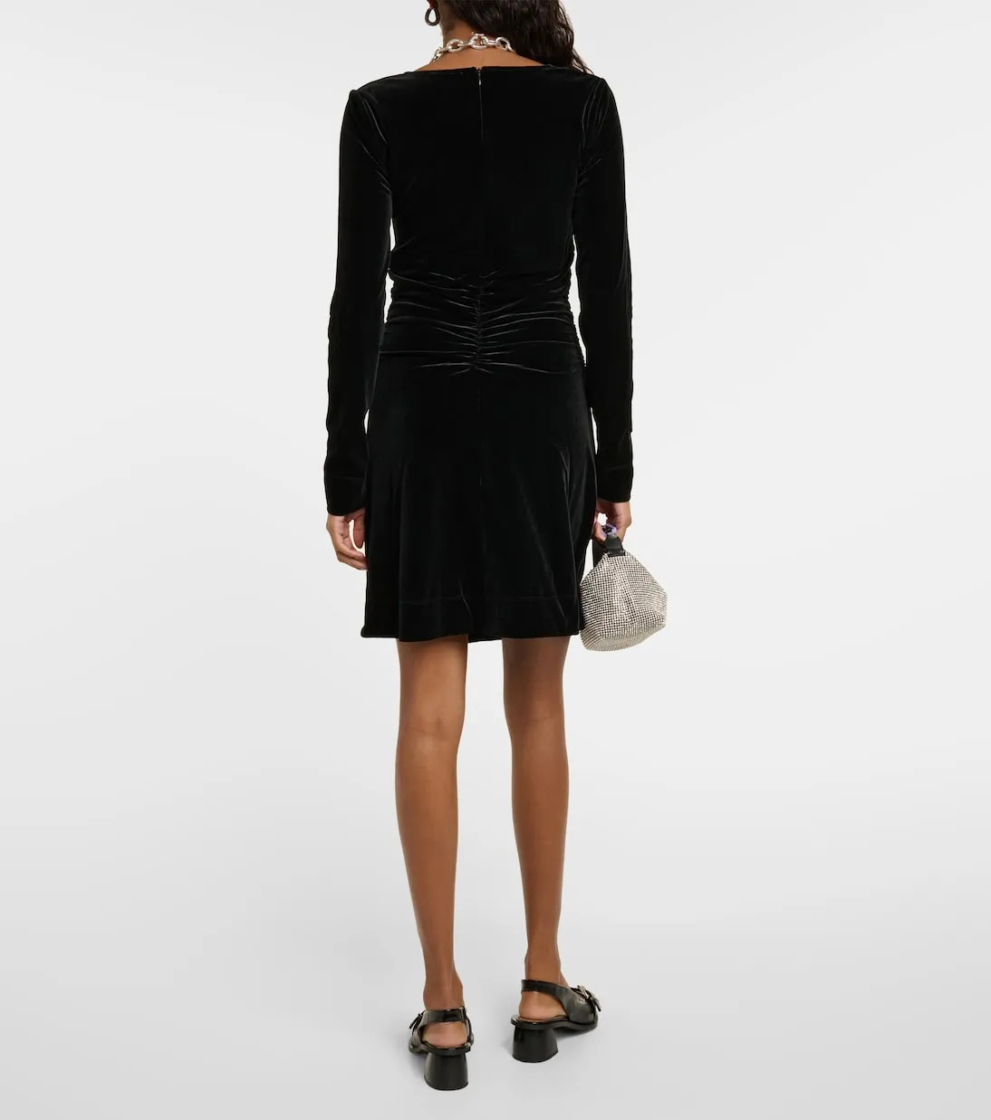 Ganni Velvet Ruched Mini Dress, Black