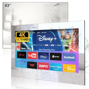 Haocrown 43 Inch Waterproof Smart Mirror TV for Bathroom, 4K Ultra HD, Android TV, Freeview Play, Prime Video, Netflix, Voice Control, HDMI x2, Bluetooth, Airplay (2024 New Model)