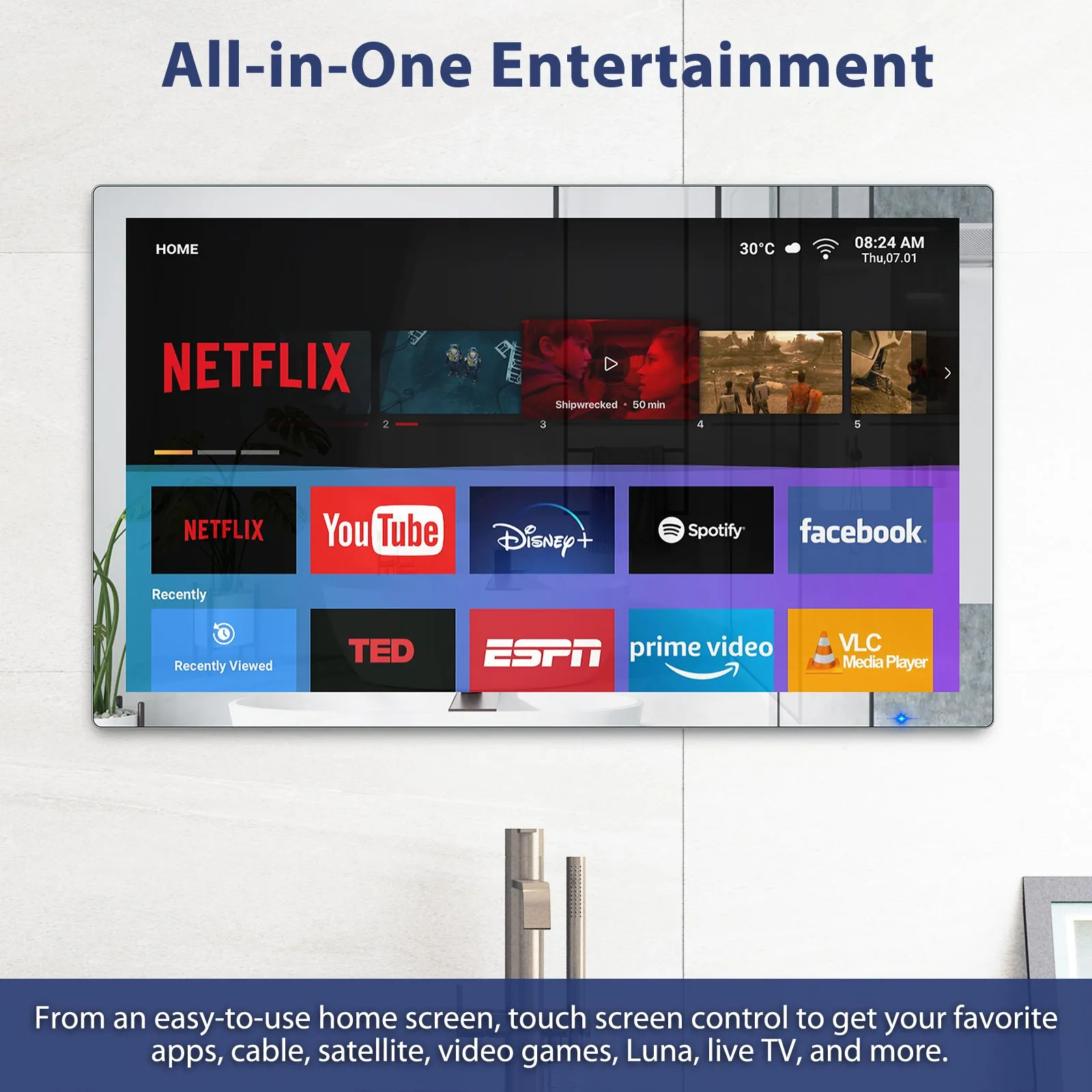 Haocrown 43 Inch Waterproof Smart Mirror TV for Bathroom, 4K Ultra HD, Android TV, Freeview Play, Prime Video, Netflix, Voice Control, HDMI x2, Bluetooth, Airplay (2024 New Model)