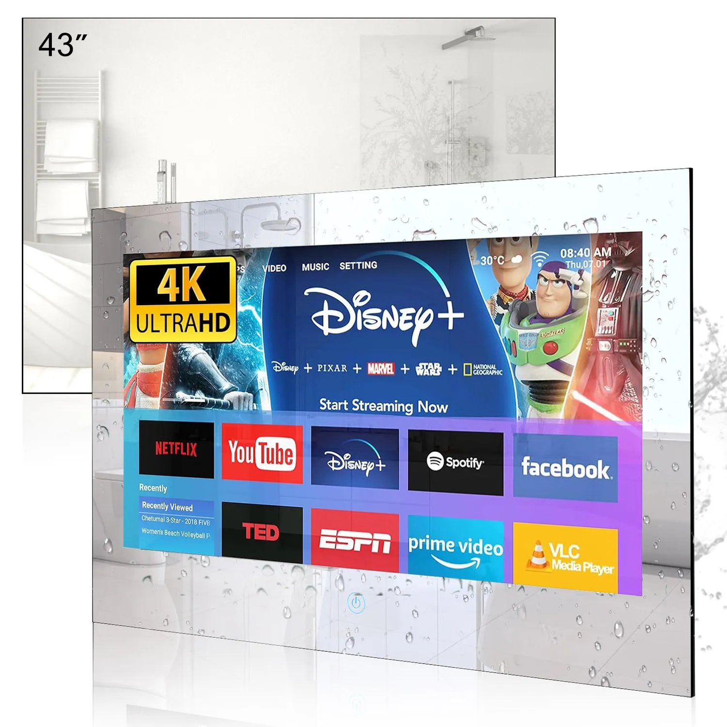 Haocrown 43 Inch Waterproof Smart Mirror TV for Bathroom, 4K Ultra HD, Android TV, Freeview Play, Prime Video, Netflix, Voice Control, HDMI x2, Bluetooth, Airplay (2024 New Model)