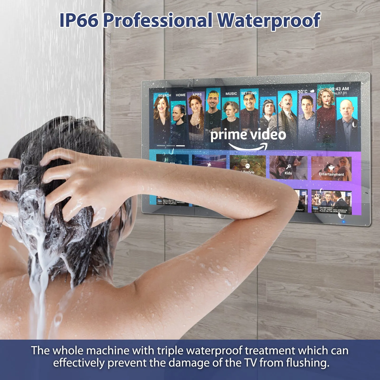 Haocrown 43 Inch Waterproof Smart Mirror TV for Bathroom, 4K Ultra HD, Android TV, Freeview Play, Prime Video, Netflix, Voice Control, HDMI x2, Bluetooth, Airplay (2024 New Model)